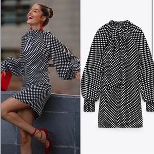 Zara Black & White Polka Dot Puff-Sleeve Mini Dress